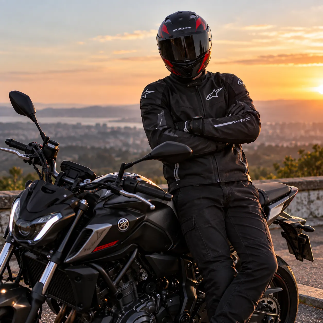Motociclista de capacete ao lado de uma moto preta no pôr do sol