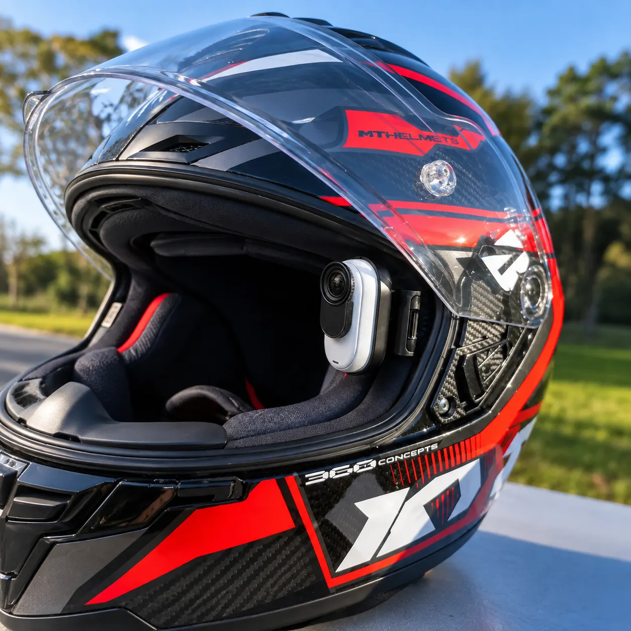 Mesmo capacete com a mini câmera instalada e gravando